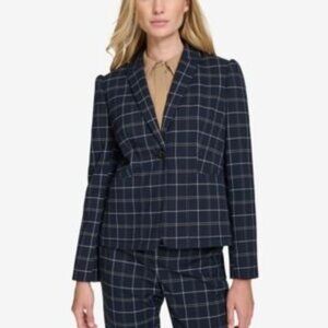 Tommy Hilfiger Womens Plaid Puff-Sleeve Single-Button Blazer Midnight/Multi NWT